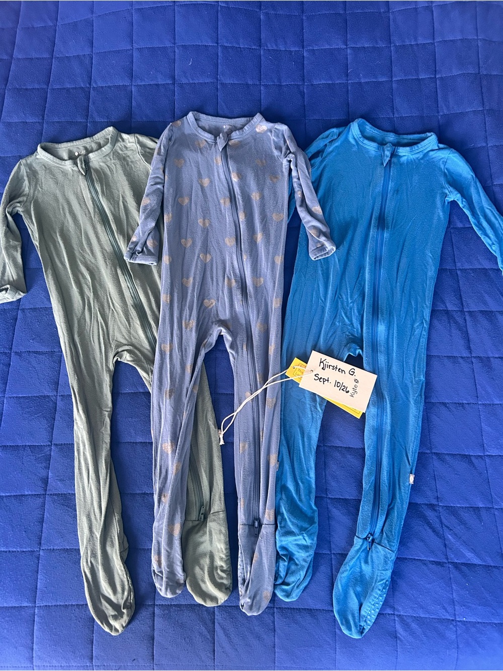 Kyte BABY Sage, Lavender Heart, and Bright Blue Footed Pajama Set